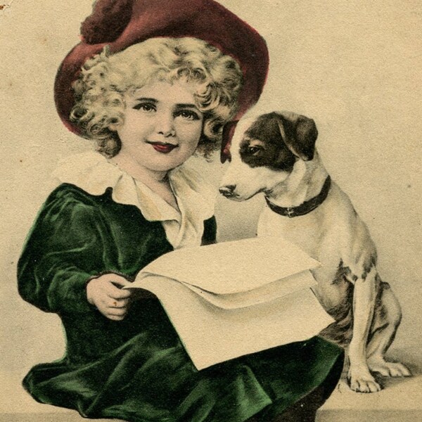 1900s Child & Jack Russell Dog Victorian Postcard Antique Edwardian Vintage Terrier