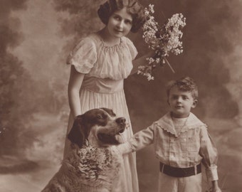 Original 1900s St Bernard with Mother & Son Antique Photo Postcard - Vintage Victorian Edwardian RPPC Dog