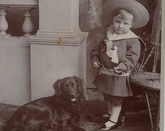1880s Little Boy & Beautiful Retriever Dog Cabinet Card Photo -  Antique Vintage Victorian Edwardian Gundog Luton England