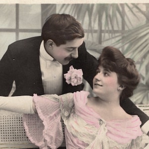 1900s Romantic Couple French Antique Real Photo Postcard - Vintage Hand Tinted Victorian Edwardian RPPC