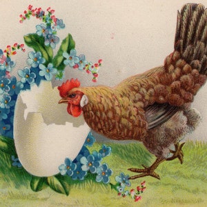 Cartolina illustrata dell'artista con pollo e uovo di Pasqua gigante degli anni '10 - Antica fattoria di uccelli vintage, litografica, cromografica
