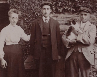 Original 1910s Family & Pet Cat in the Garden Antique Edwardian Real Photo Postcard RPPC