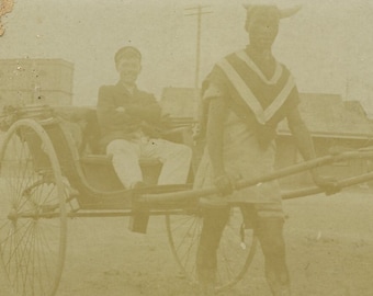 Original 1900s Man & Ethnic Slave with cart Antique Real Photo Postcard - Vintage RPPC Edwardian