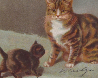 Original vykort med tabbymamma och svarta kattungar från 1900-talet, konstnären Helena Maguire - viktoriansk, edwardiansk, litografisk kromad katt