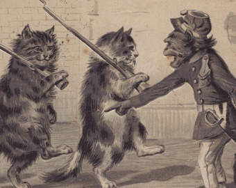 Original 1900s Monkey & Cats Soldiers Artist Illustrated Embossed Postcard - Vintage Anthropomorphic Victorian Edwardian