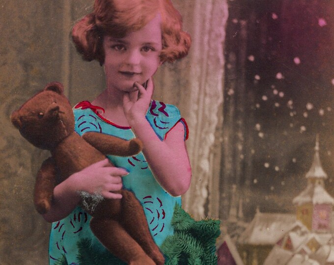 1922 Little Girl, Teddy Bear & Christmas Tree Antique Real Photo ...