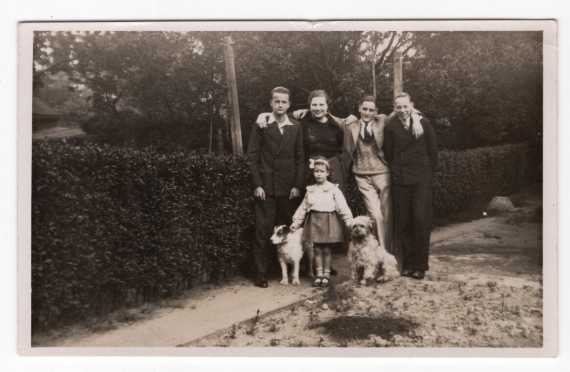 Original 1940s Scruffy Terriers & Family Antique Real Photo Postcard - Vintage Victorian Edwardian RPPC Dog