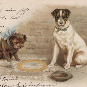 Postal original de la década de 1800 de un Jack Russell Terrier mendigo sin hogar, artista Helena Maguire - Perro vintage, litografía victoriana eduardiana, perro Jack Russell