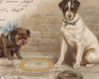 Original 1800s Jack Russell Terrier Homeless Begging Artist Helena Maguire Postcard - Vintage Dog Victorian Edwardian Litho Jack Russell Dog