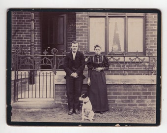 Original 1880s Couple & Terrier Large CDV Photo - Carte de Visite Antique Vintage Victorian Edwardian England Cabinet Card