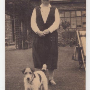 Originale des années 1910 femme & Fox terrier à poil dur antique vraie carte postale photo - chien RPPC victorien édouardien vintage