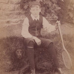 Original 1880s Cocker Spaniel & Little Boy Cabinet Card Photo -  Antique Vintage Dog Victorian Edwardian Gundog Whitney Oxfordshire