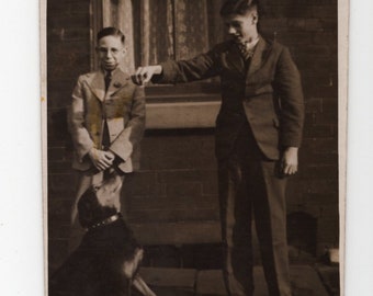 Original 1910s Little Boys & Dog Real Photo Postcard - Antique Vintage RPPC Edwardian Victorian Pet