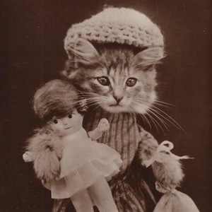 Cartolina fotografica originale degli anni '30 con gatto vestito con una bambola - RPPC Vintage Dressed Up Kitten Outfit