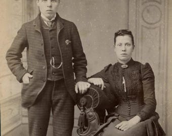 Original 1880s Young Couple Victorian Cabinet Card - Antique Photo Women Men Fashion Wednesbury