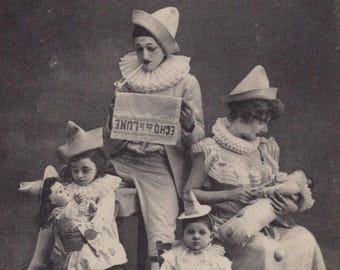 Original 1900s Pierrot Clowns & China Dolls Postcard - Antique Vintage Victorian Edwardian Fashion Children Circus Romance
