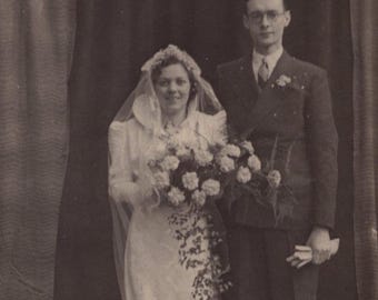Original 1920s Wedding Portrait Real Photo Postcard - Antique RPPC Vintage Victorian Edwardian Dress Bride Groom