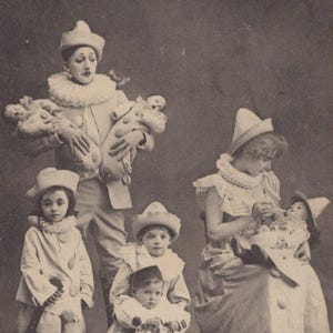 Original 1900s Pierrot Clowns & China Dolls Postcard - Antique Vintage Victorian Edwardian Fashion Children Circus Romance