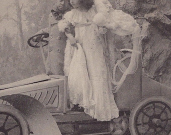 Original 1900s kleines Mädchen African American Boy Fantasy Motor Car Echtfoto-Postkarte - Antike Vintage Edwardian Mode Kinder