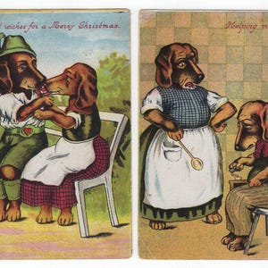 Par de postales antiguas de Dachshunds disfrazados originales de la década de 1900: perro vintage, artista de fantasía eduardiana victoriana