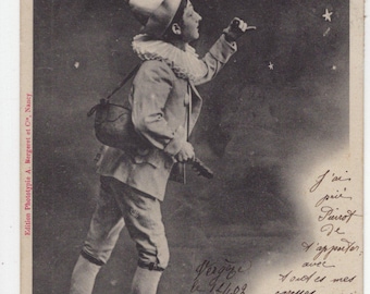 Original 1900s Romantic Pierrot Clown Postcard - Antique Vintage Victorian Edwardian Fashion Circus Romance Moon