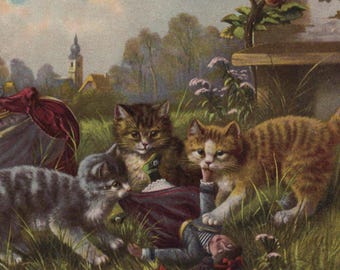 Original 1900s Naughty Little Kittens with a Doll Antique Artist Illustrated Postcard - Vintage Cat Victorian Edwardian