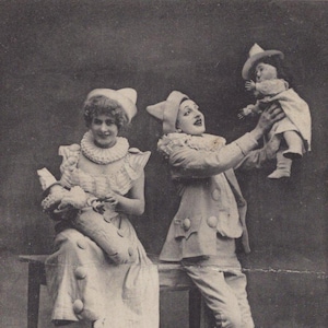 Original 1900s Pierrot Clowns & China Dolls Postcard - Antique Vintage Victorian Edwardian Fashion Children Circus Romance