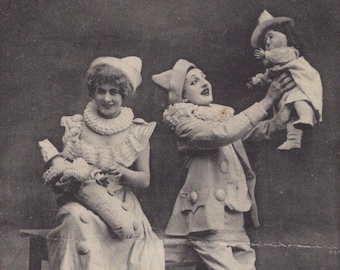 Original 1900s Pierrot Clowns & China Dolls Postcard - Antique Vintage Victorian Edwardian Fashion Children Circus Romance