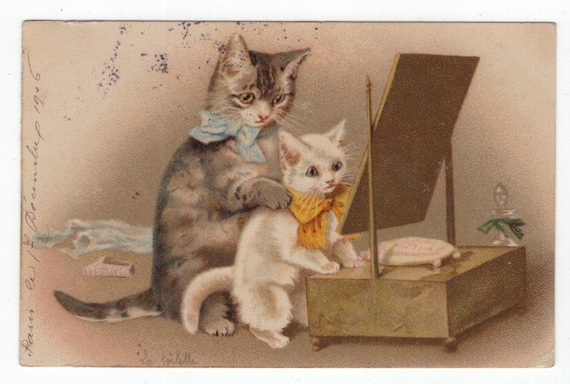 1900 年代のオリジナル擬人化猫とドレッシングミラーアーティスト