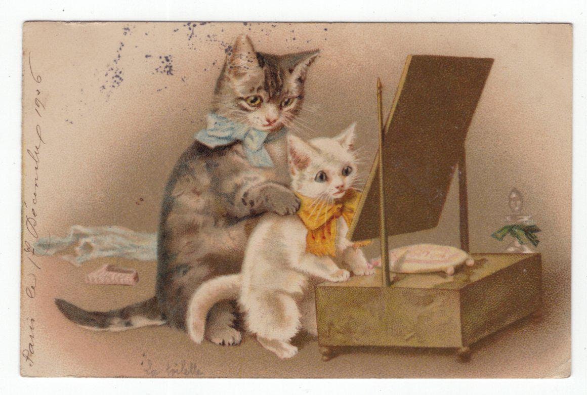 1900 年代のオリジナル擬人化猫とドレッシングミラーアーティスト