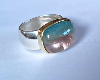 Pieza única, anillo de turmalina sandía fabricado en plata y oro.