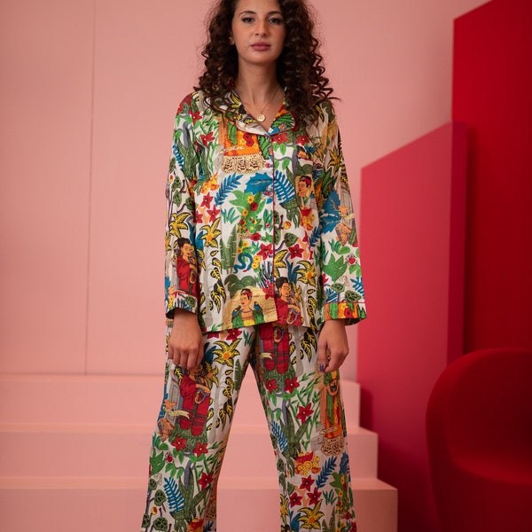 Ensemble de pyjama en coton Frida Kahlo, robe de nuit pour femme, bloc de main, pyjama de demoiselle d'honneur, ensemble lounge, ensemble de pyjama en coton Frida, pyjama de nuit doux