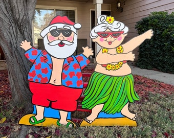Santa Yard Sign- Christmas Yard Cutout- Santa Mrs Claus Cutout- Surf Santa- Beach Santa- Aloha Santa- Santa Wood Cutout- Beach Chistmas Sign