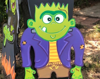 Hand-Painted Frankenstein Yard Art – Outdoor Halloween Wood Cutout Decoration