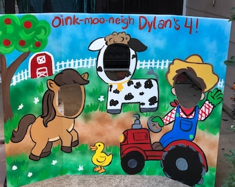 Hand-Painted Farm Birthday Face in Hole Prop – Barnyard Animals, Tractor, Farmer Backdrop