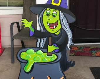 Handmade Halloween Witch Yard Decoration – Plywood Cauldron Display, Outdoor Decor