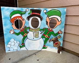 Hand-Painted Christmas Photo Prop – Snowman, Elves, Reindeer Face Hole cutout