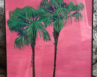 Pink Skies and Palm Trees, original art painting, 12x12 on acrylic paper