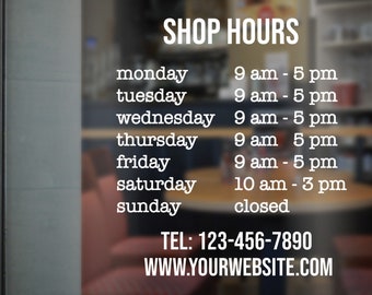 Shop Hours Decal, Custom Business Hours Decal, Store Front Window Decal, Hours of Operation, Small Business Lettering, Store Hours Decal