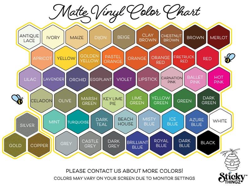 May include: A matte vinyl color chart featuring a variety of colors arranged in a honeycomb pattern. Colors include Antique Lace, Ivory, Maize, Dijon, Beige, and many more. The text "Matte Vinyl Color Chart" is at the top.
