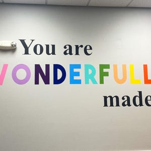 May include: A wall decal with the words "You are WONDERFULLY made" in black and rainbow colors. The word "WONDERFULLY" is in pink, purple, navy, blue, green, orange, yellow, and red. A white emergency light is mounted on the wall.