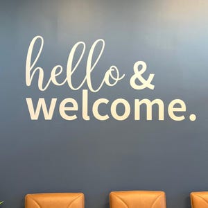 May include: A wall decal with the words "hello & welcome" in a cursive font. The text is in a light color and is placed against a dark blue wall. The decal is a decorative element for a home or business.