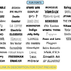 May include: A white background displays a variety of black text fonts, including "Adorable," "Bangers," and "Groovy Love." The text "FUN FONTS" is in a blue box at the top. The text "SEE LINK IN DESCRIPTION FOR FONT PREVIEW" is at the bottom.