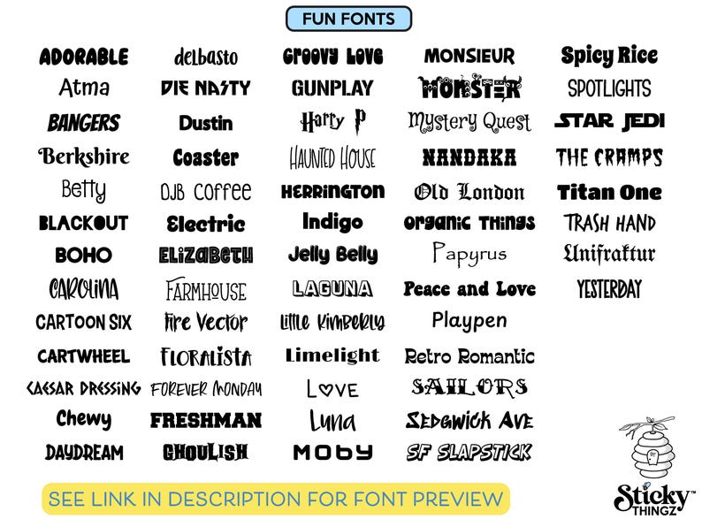 May include: A white background displays a variety of black text fonts, including "Adorable," "Bangers," and "Groovy Love." The text "FUN FONTS" is in a blue box at the top. The text "SEE LINK IN DESCRIPTION FOR FONT PREVIEW" is at the bottom.