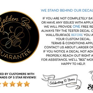 May include: A black and gold circular logo with the words "Golden Bee Guarantee" and a bee illustration. Text reads "We stand behind our decals 100%" and "Trusted by customers with thousands of 5 star reviews!"