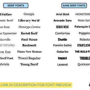May include: A graphic showcasing a variety of serif and sans-serif fonts, including Abril Fatface, Arial Bold, and Rockwell. The text "SERIF FONTS" and "SANS SERIF FONTS" are in blue boxes. The image also includes the text "SEE LINK IN DESCRIPTION FOR FONT PREVIEW".