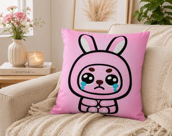 Cojín de exterior con diseño de conejito llorando / Funda de cojín con diseño de conejito triste rosa y adorable / Cojín decorativo con diseño de conejo kawaii / Cojín con diseño de personaje emotivo