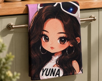 Yuna Chibi Anime Girl Microfiber Tea Towel | Kawaii Kitchen Decor | Cute K-Pop Inspired Dish Towel Gift