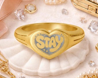 Anillo Stay Heart con sello / Anillo grabado de acero inoxidable, joyería minimalista y bonita, regalo estético para ella.