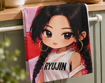 Ryujin Anime Girl Microfiber Tea Towel | Kawaii Chibi Kitchen Towel | K-Pop Inspired Dish Cloth | Cute Fan Gift